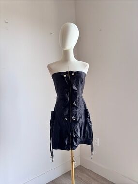 amp Black Strapless Ruffle Front Zip Utility Cargo Mini Dress Smocked Back M